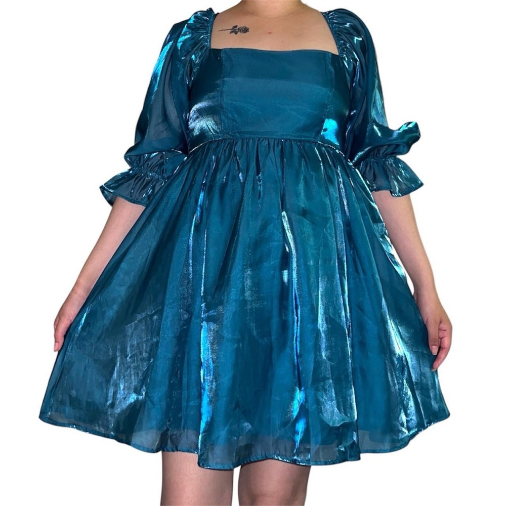 metallic teal babydoll dress